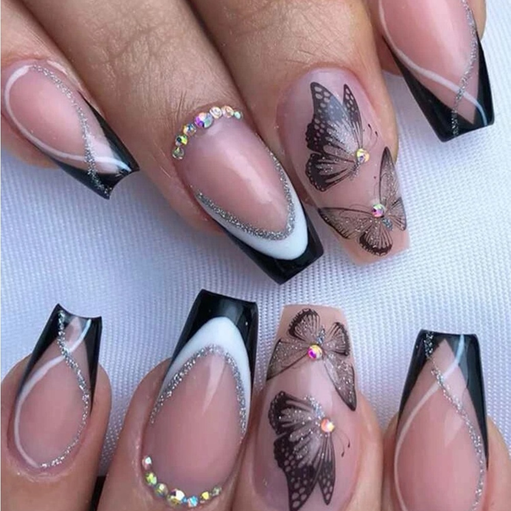 24pcs Coffin Butterfly Print Fake Nail & 1sheet Tape